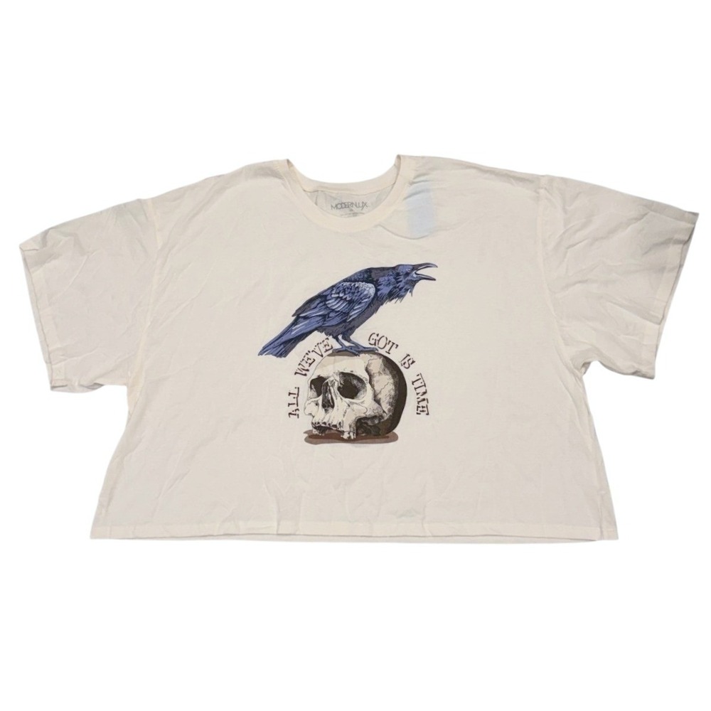 NWT Modern Lux Womens 3X White Halloween Raven Skull Graphic Cropped T-Shirt
